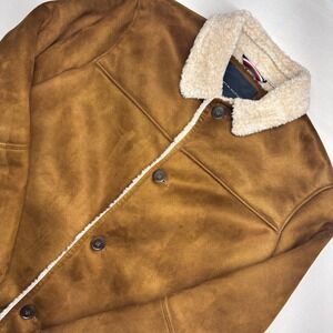 Tommy Hilfiger Mens Faux Suede Shearling Lined Car Coat Brown Tan Size M